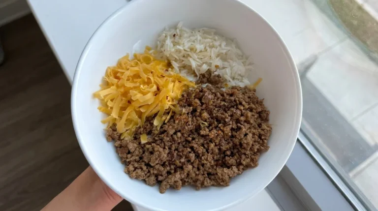 Beef bowl with cheese, raw honey, pepper flakes