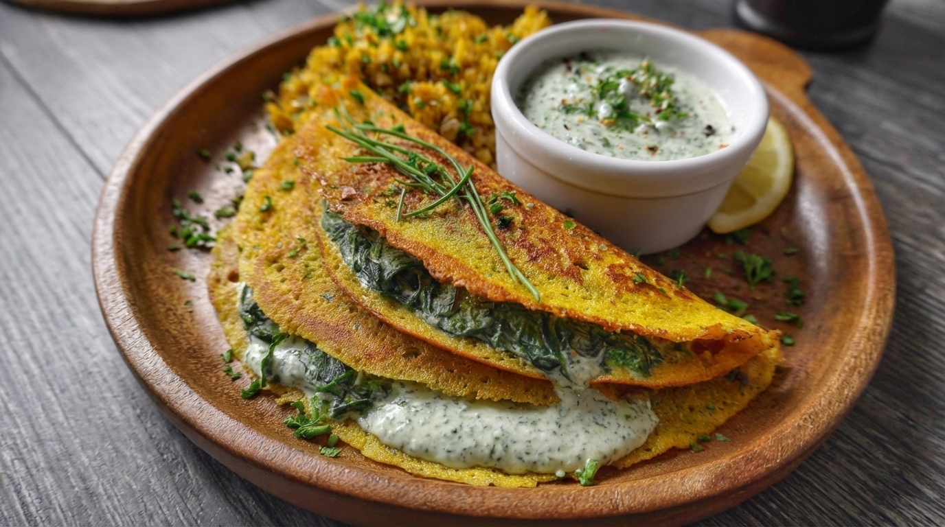 Chickpea Pancakes with Spinach & Cashew Herb Cream