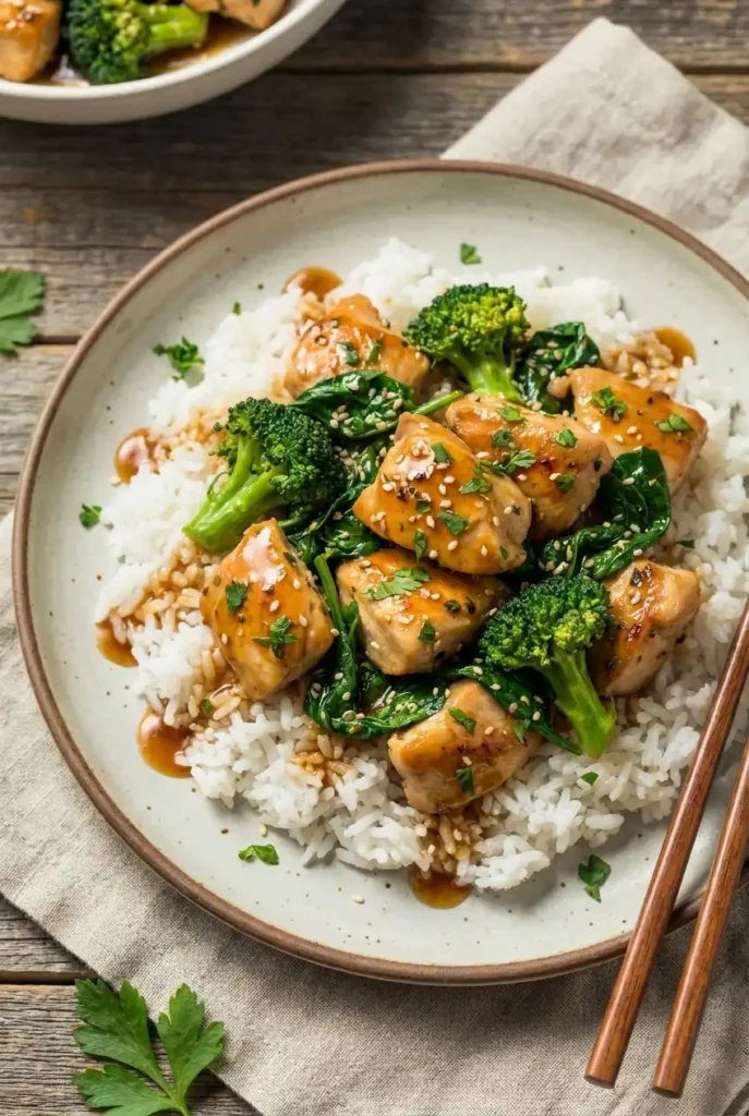 Seving Healthy Chicken Broccoli Spinach Stir Fry