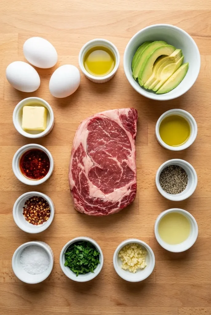 Ingredients for Chili Eggs and Beef Steak Breakfast