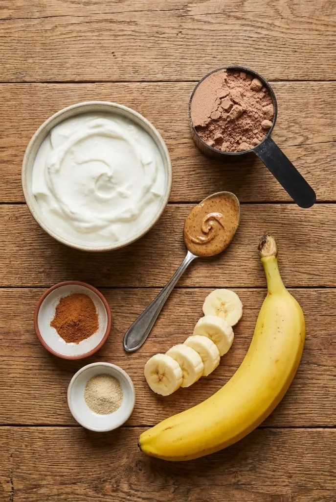 Ingredients for High-Protein Chocolate Peanut Butter Frozen Yogurt Bowl