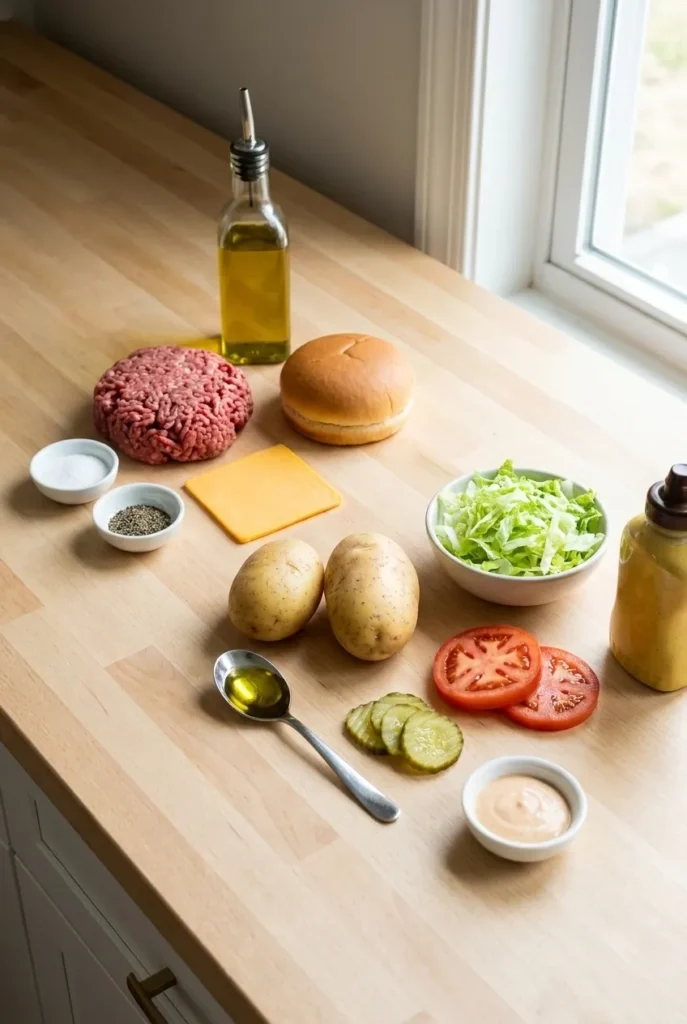 Ingredients for Homemade Smash Burger ans Homemade Fries
