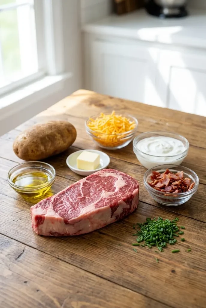 Ingredients for Ribeye Steak with baked loaded potato