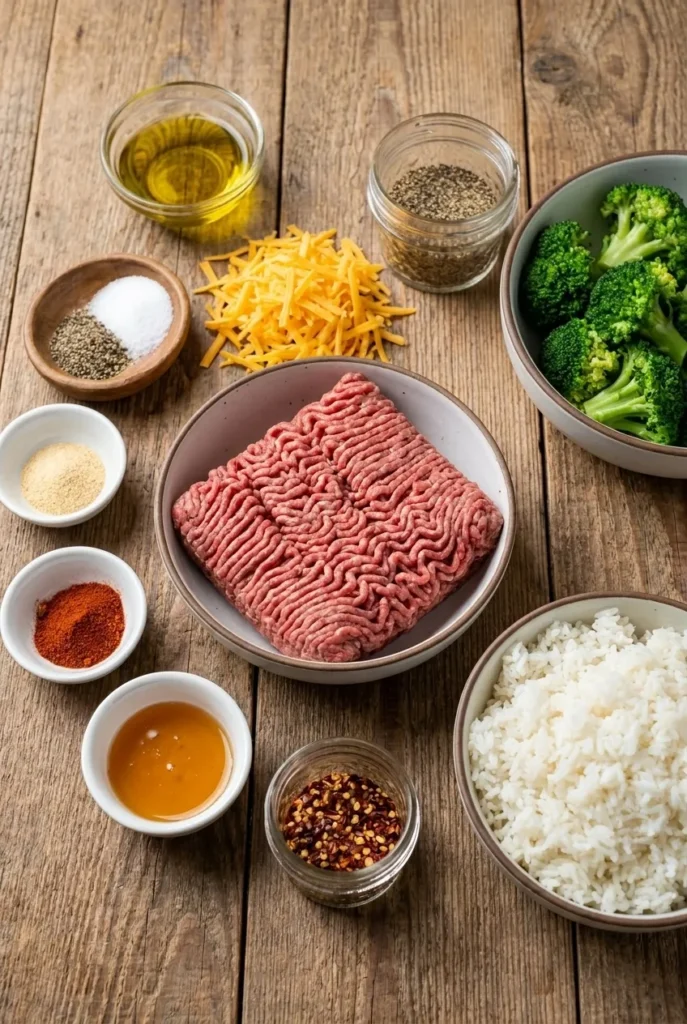 Ingredients of Beef bowl with cheese, raw honey, pepper flakes
