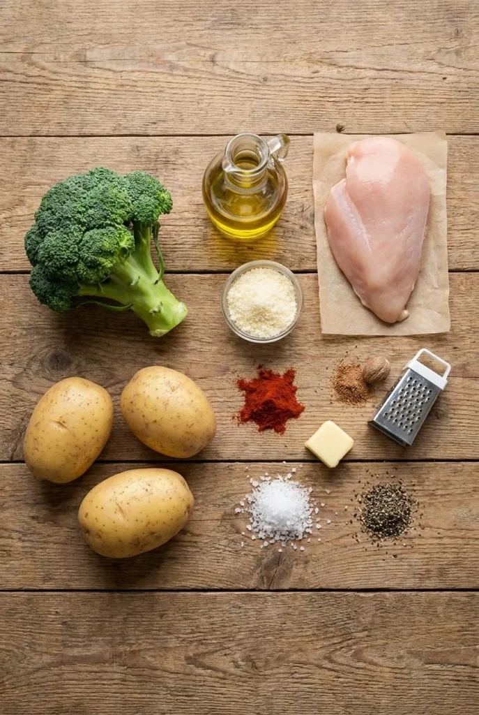 Ingridents for Parmesan broccoli chicken and mashed potatoes
