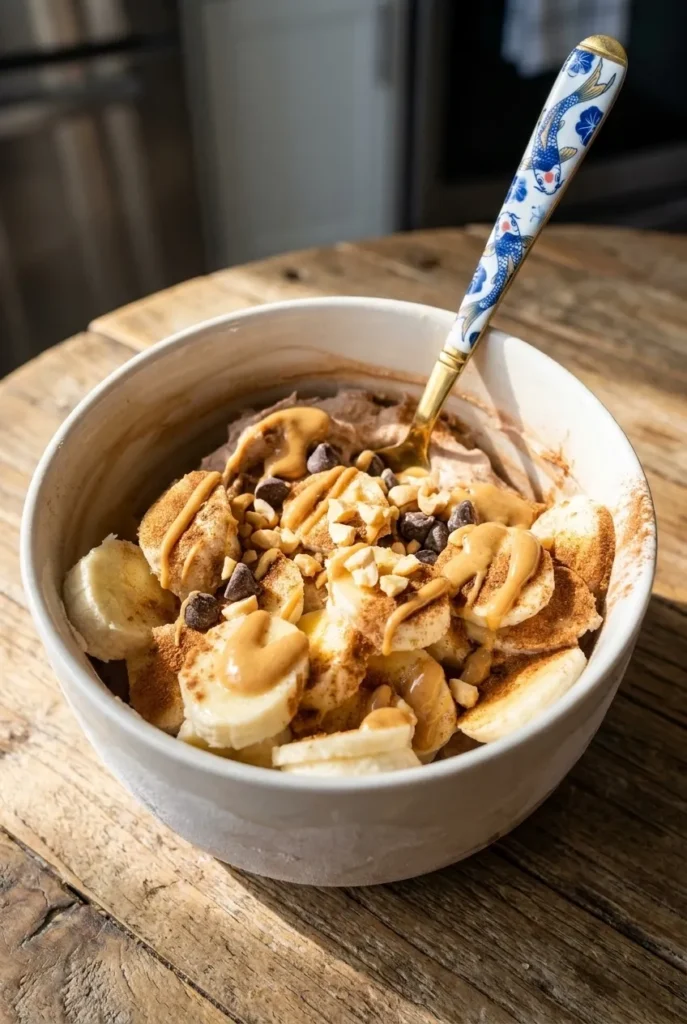 Plated High-Protein Chocolate Peanut Butter Frozen Yogurt Bowl