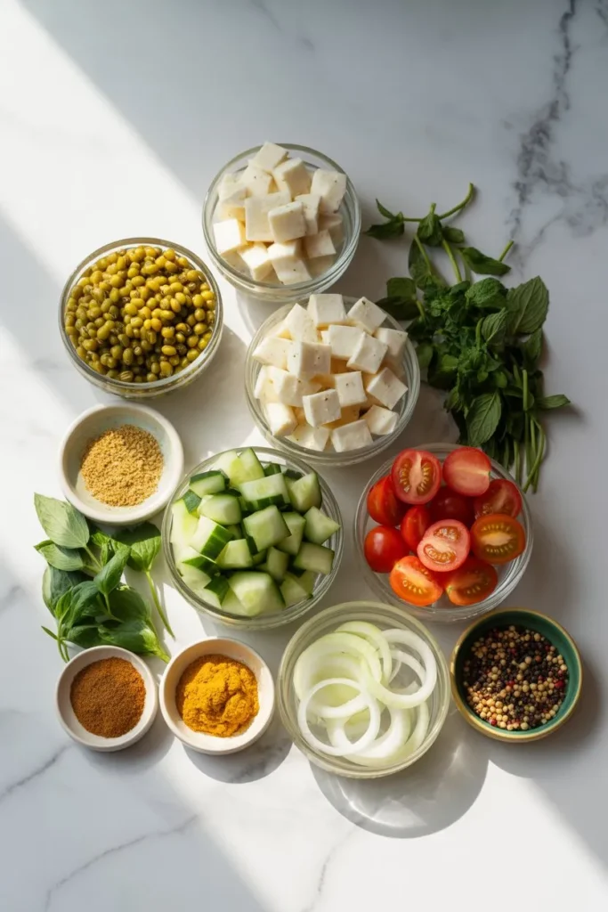 arranged ingredients for mung bean salad including soaked mung beans, paneer cubes, chopped cucumber, cherry tomatoes, onion slices, herbs, spices in small bowls