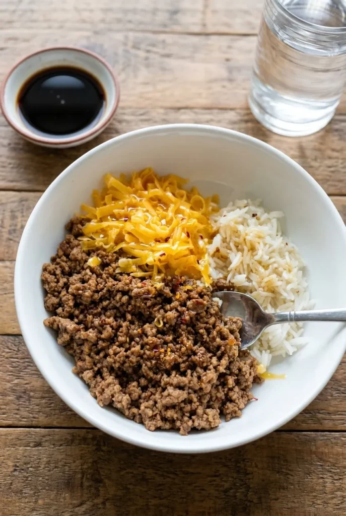 beef bowl with melted cheese, honey drizzle and pepper flakes