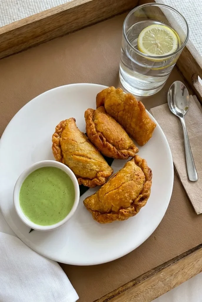 crispy chicken samosas with chutney and water