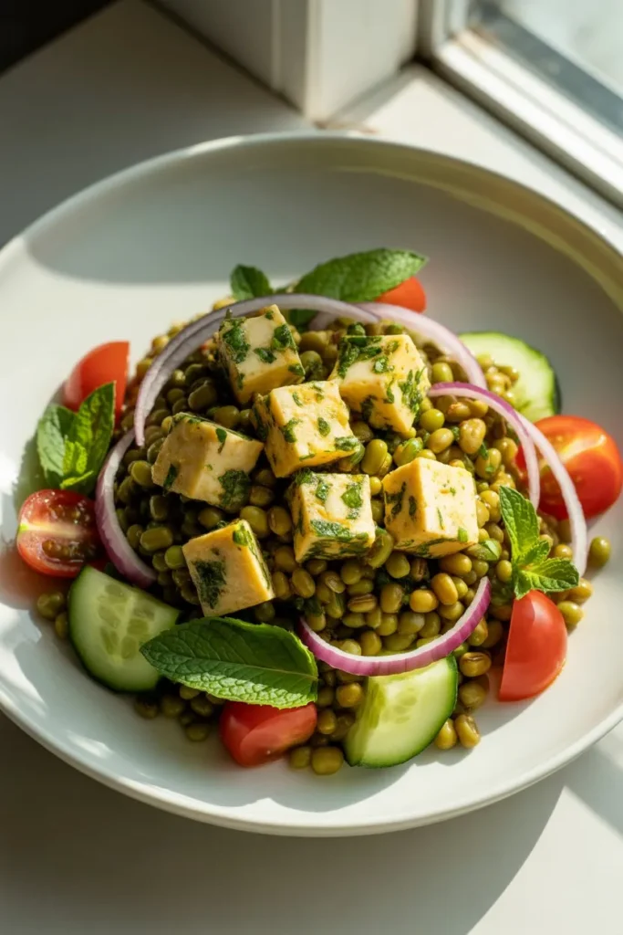 mung bean salad with paneer cubes coated in green herbs