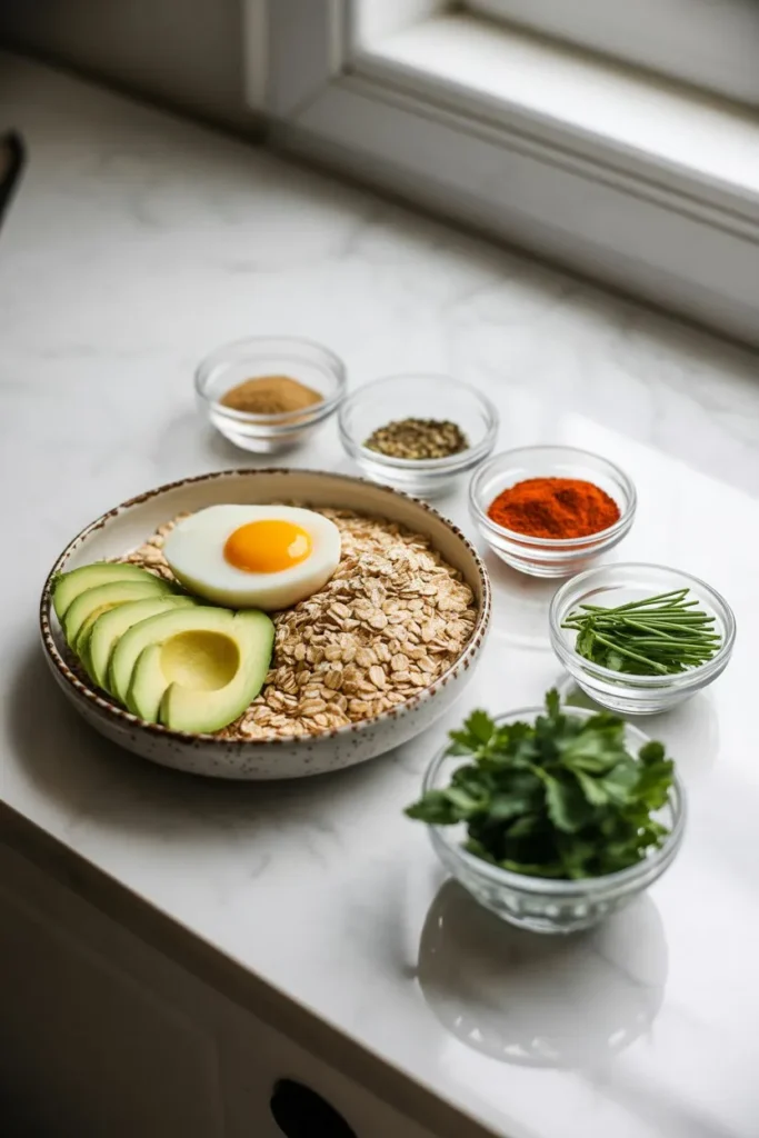oatmeal ingredients including oats in bowl, whole egg, sliced avocado, small bowls of spices and herbs