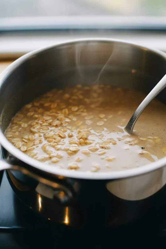 oats cooking in a saucepan with creamy thick texture forming