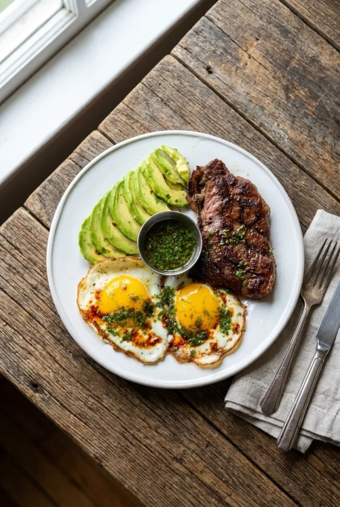plated chili eggs and steak breakfast