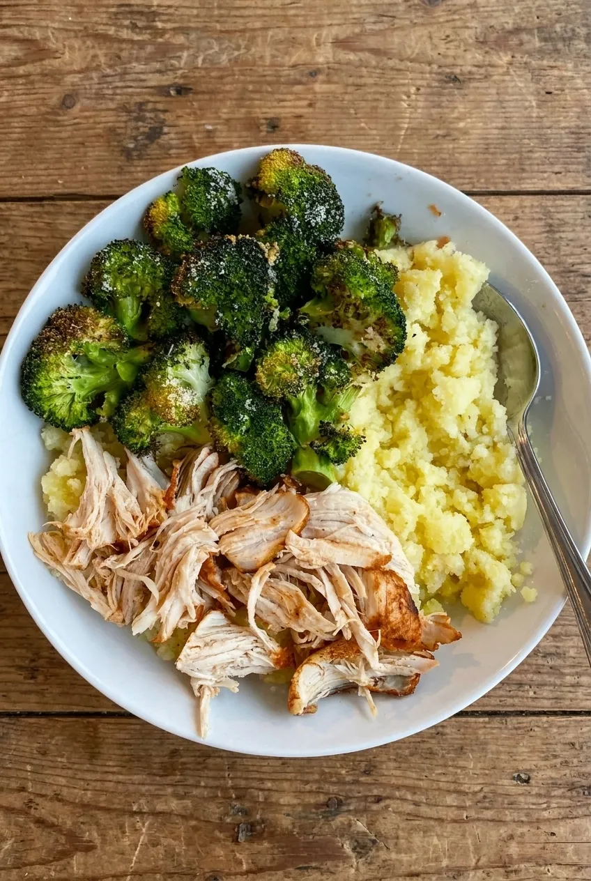 plated meal with pulled chicken, creamy mashed potatoes and crispy parmesan broccoli