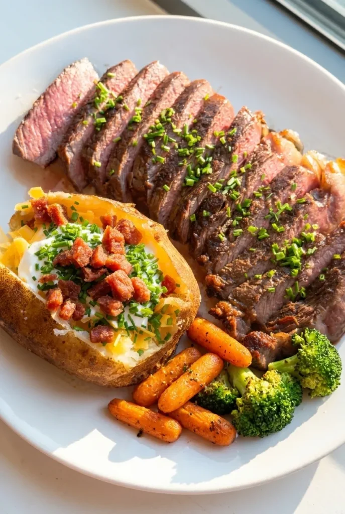 plated ribeye steak slices with loaded baked potato