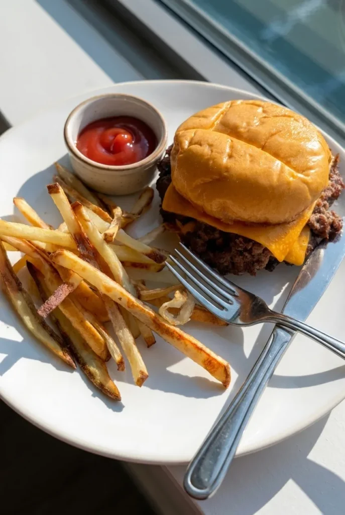 plated smash burger with melted cheese and fries
