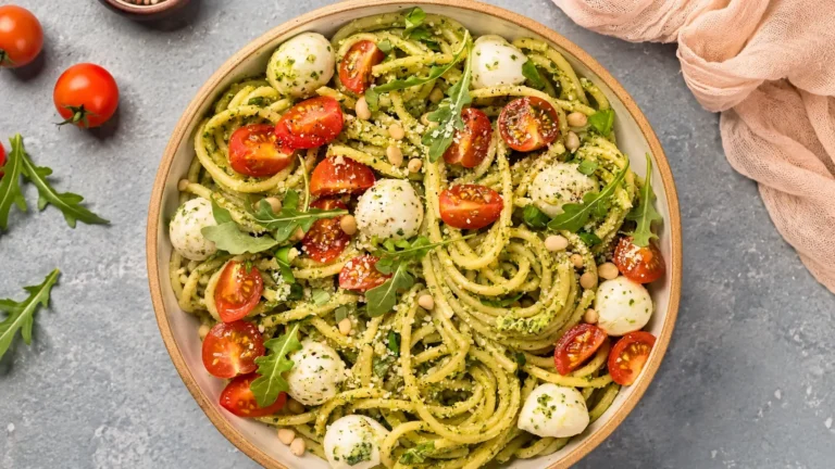 Pesto pasta with mozzarella and tomatoes