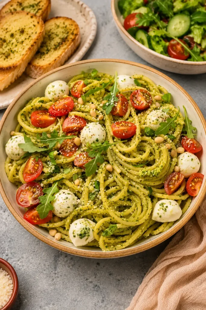 Arugula Pesto pasta with mozzarella and tomatoes
