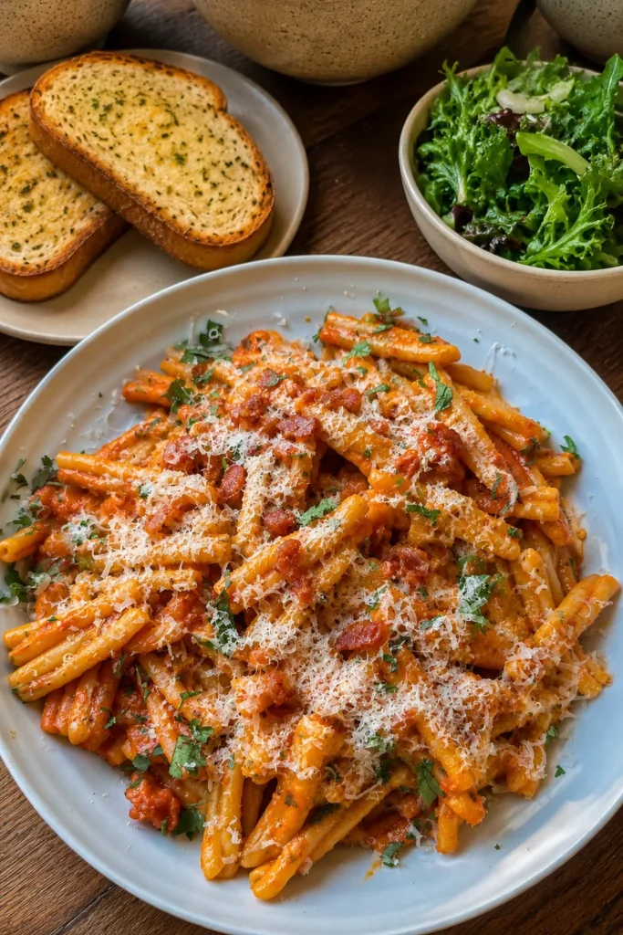 Creamy Roasted Tomato Pancetta Pasta Recipe with salad