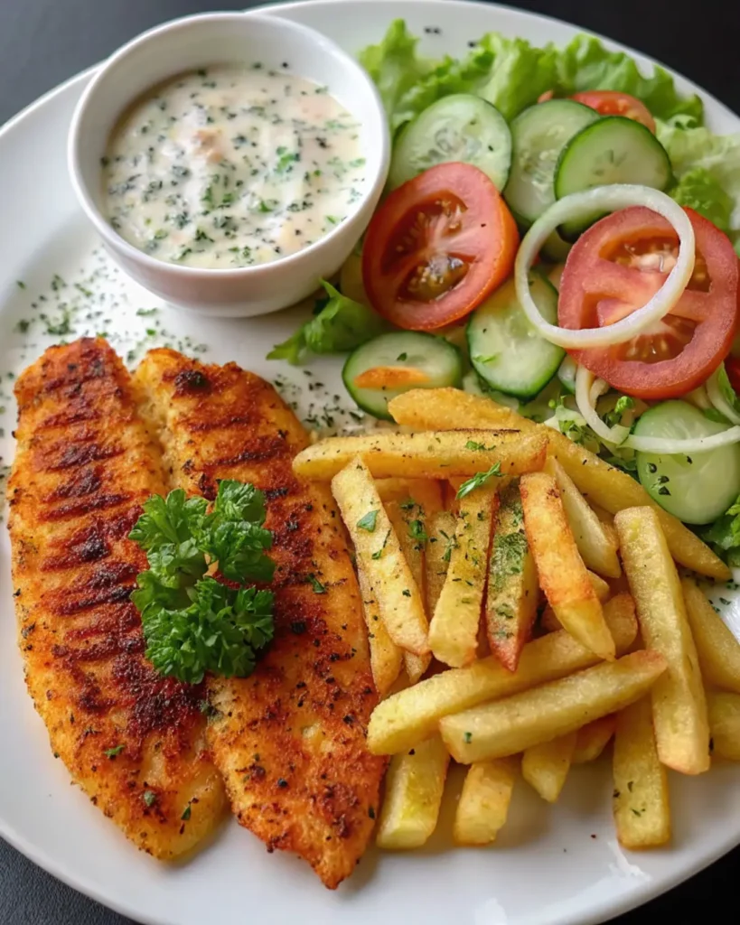 Crispy Cajun Fish Fillets Recipe with Fries and Garden Salad
