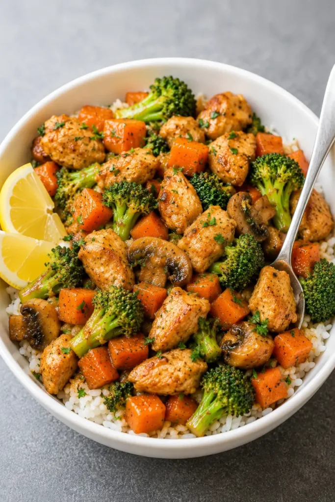 _chicken and vegitables served with rice