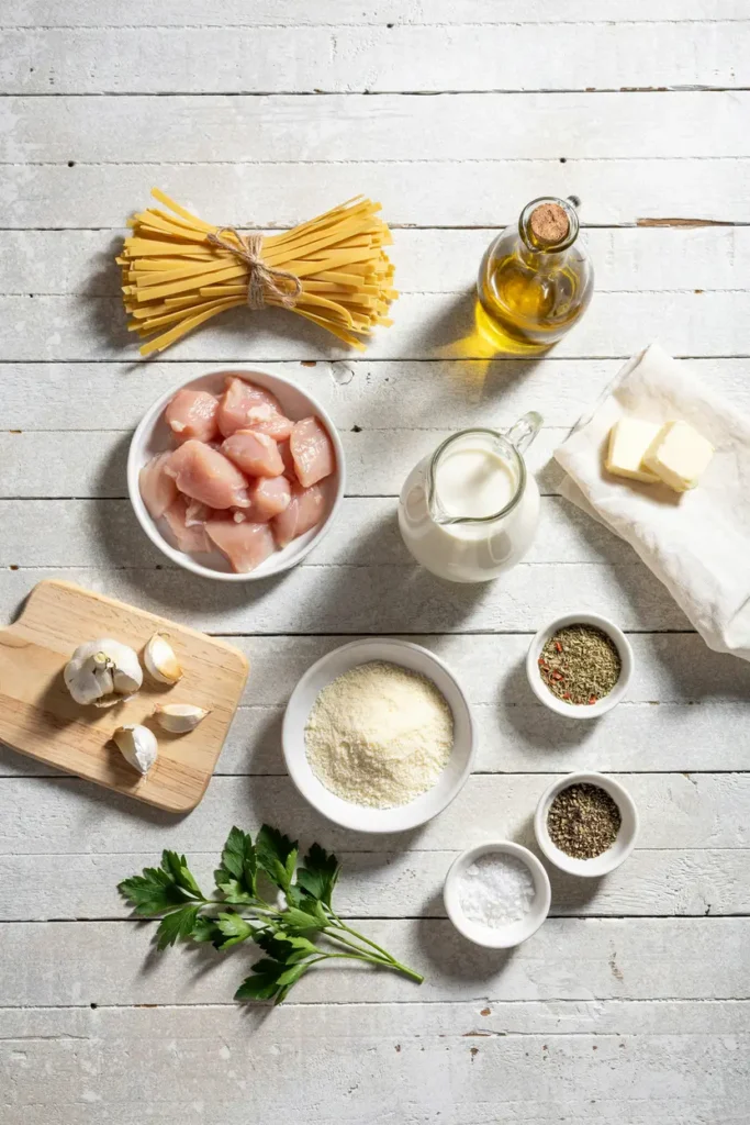 ingredients for Chicken Fettuccine Alfredo Pasta