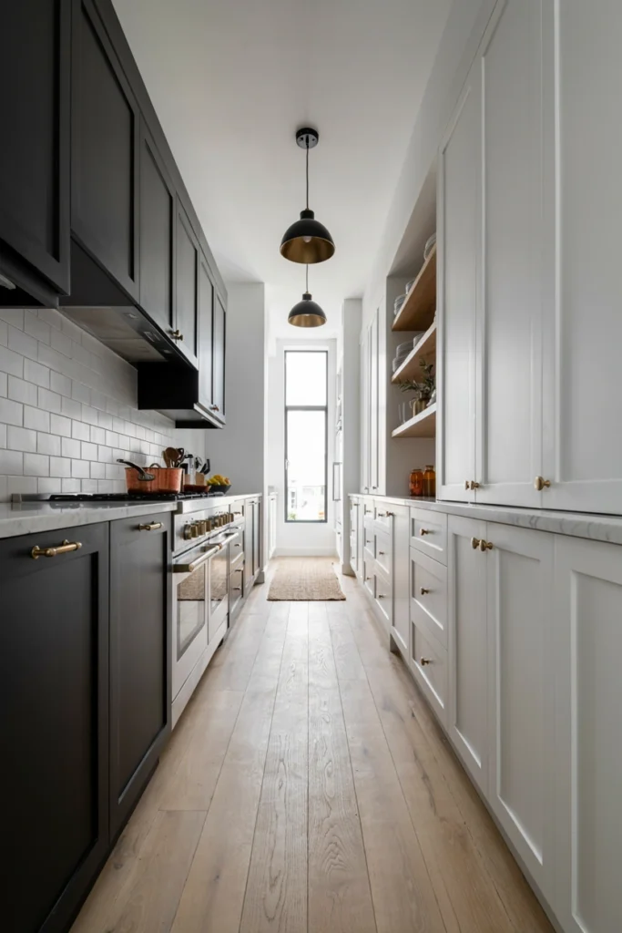 Black And White Narrow Kitchen Elegance