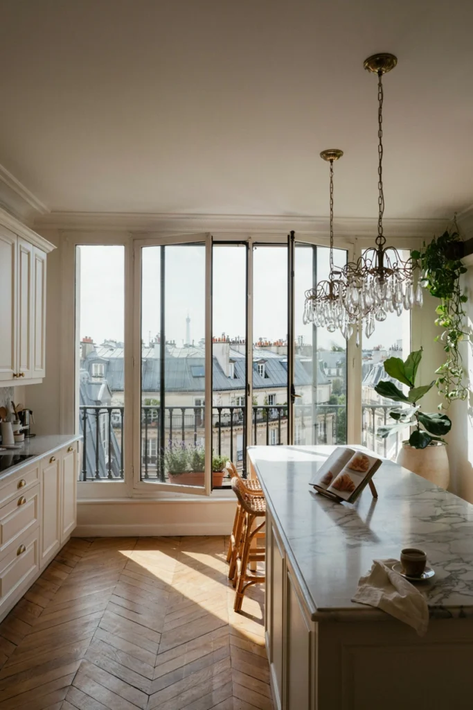 Bright Parisian Kitchen With Floor-To-Ceiling Windows