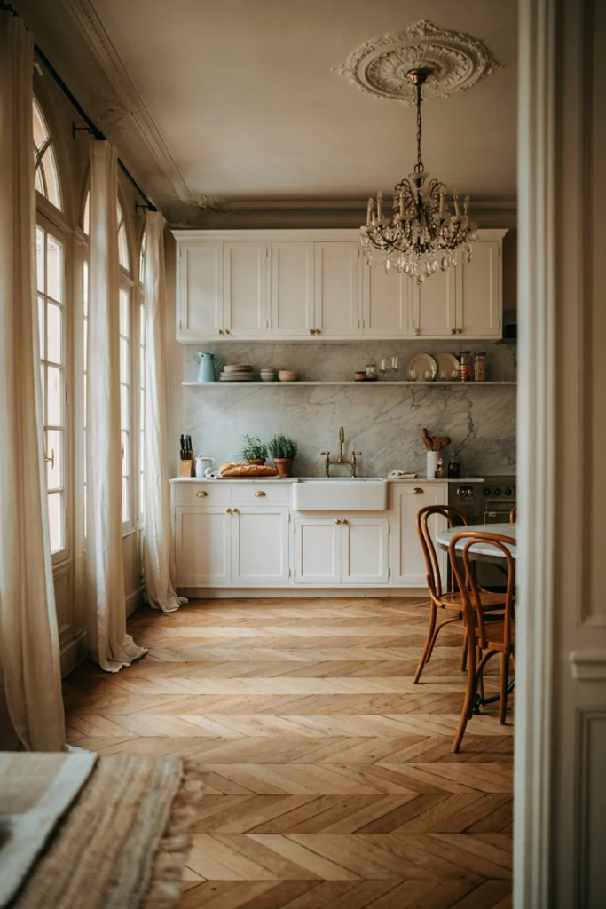 Classic Parisian Kitchen With Herringbone Flooring