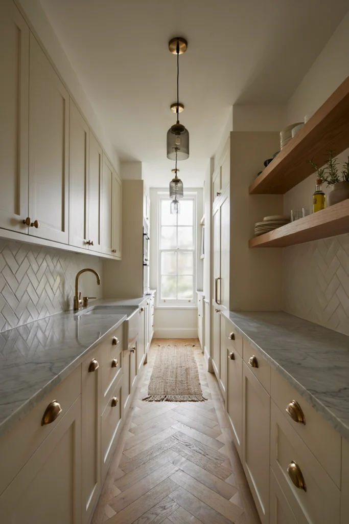 Elegant Narrow Kitchen With Herringbone Backsplash