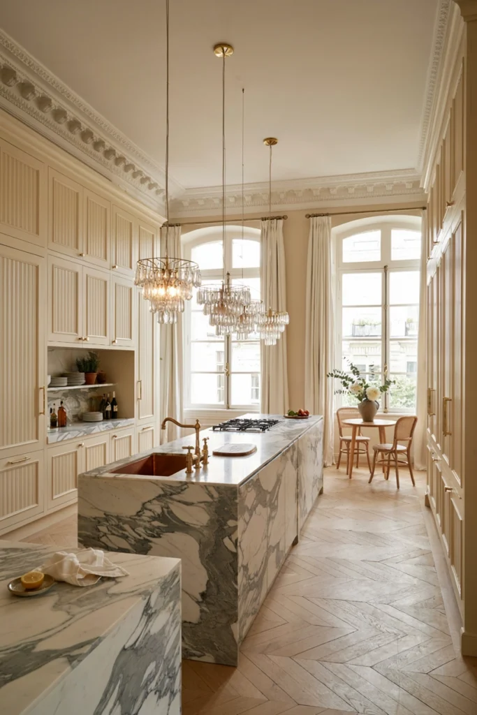 Grand Parisian Kitchen With Double Marble Islands