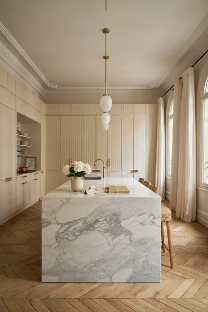 Luxurious Parisian Kitchen With Marble Waterfall Island