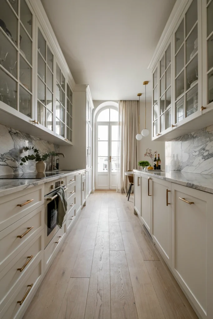 Luxury Narrow Kitchen With Glass Cabinets