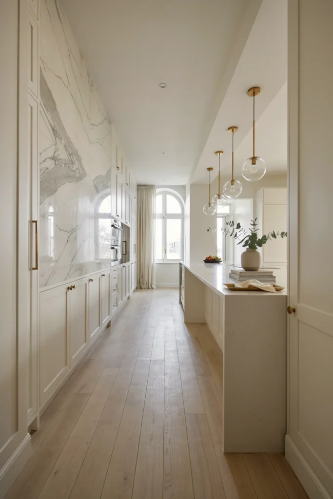 Luxury Narrow Kitchen With Marble Accents
