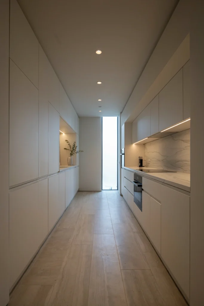 Minimalist Narrow Kitchen With Hidden Appliances