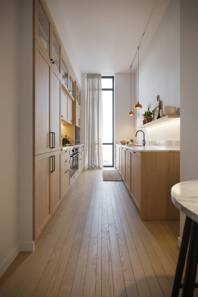 Modern Narrow Kitchen With Light Wood Cabinets