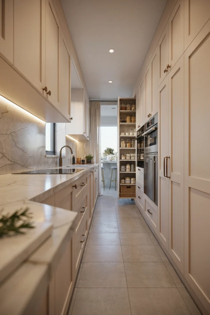 Narrow Kitchen With Floor-To-Ceiling Cabinets