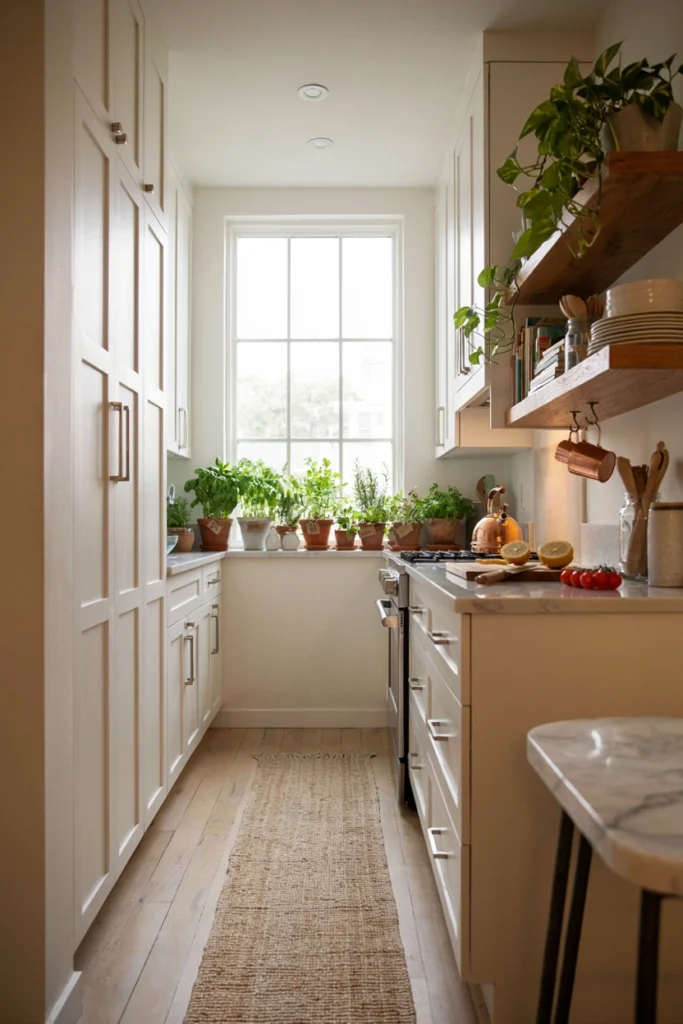 Narrow Kitchen With Indoor Herb Garden