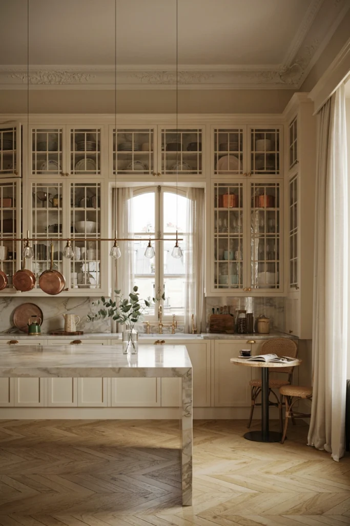 Parisian Kitchen With Antique Glass Cabinets