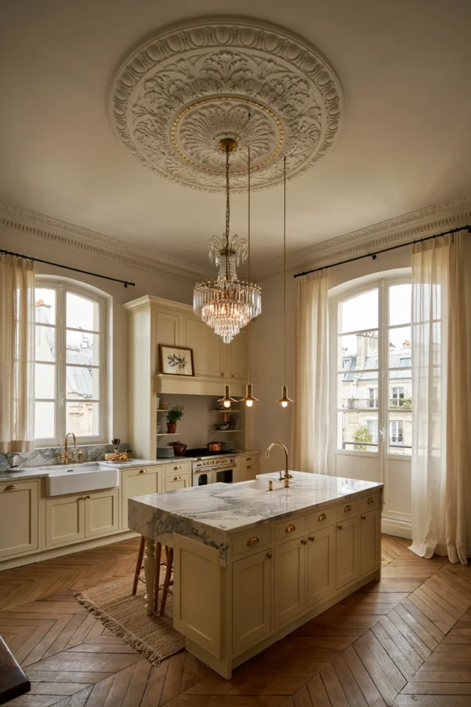 Parisian Kitchen With Ornate Ceiling Medallion