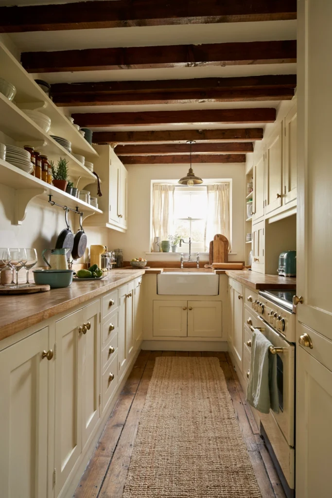 Rustic Narrow Kitchen With Exposed Wood Beams