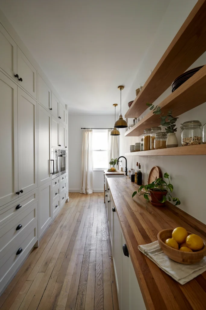 Slim Galley Kitchen With Open Shelving