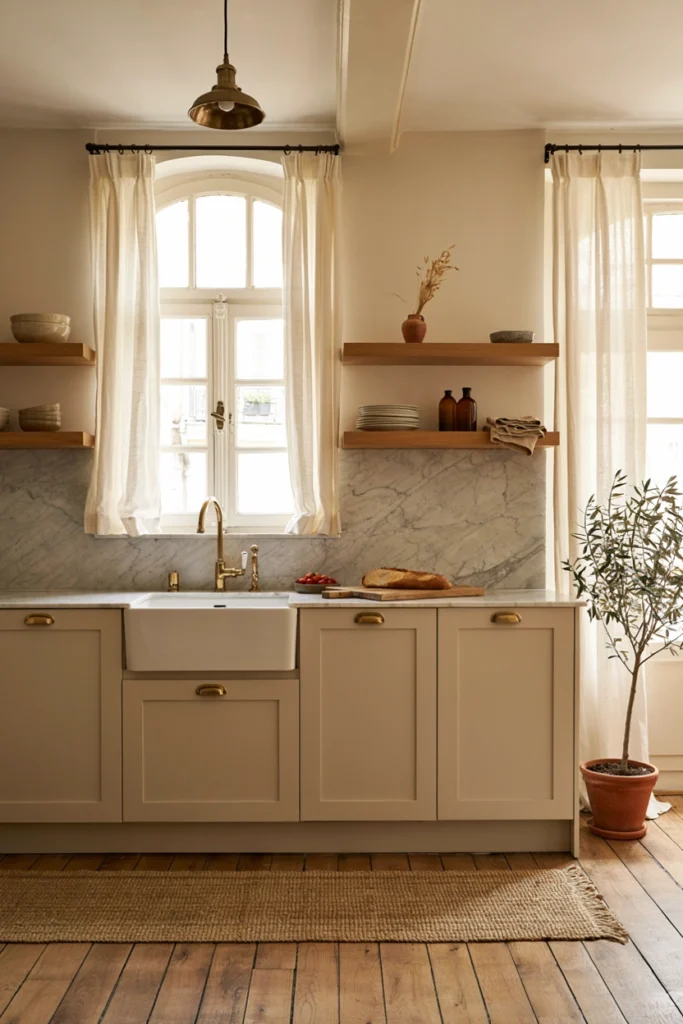 Soft Beige Parisian Kitchen With Open Shelving