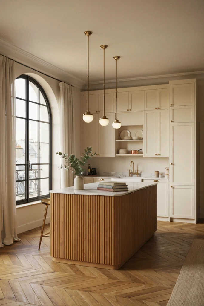 Sophisticated Parisian Kitchen With Fluted Wood Island