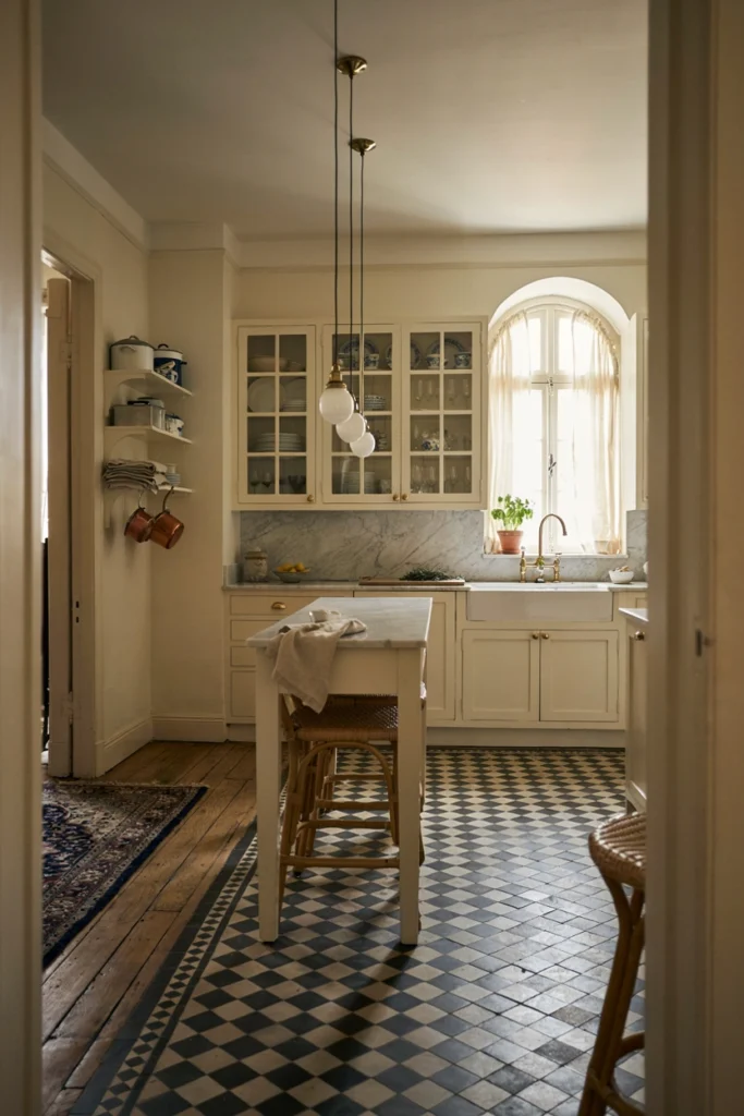 Timeless Parisian Kitchen With Checkerboard Flooring