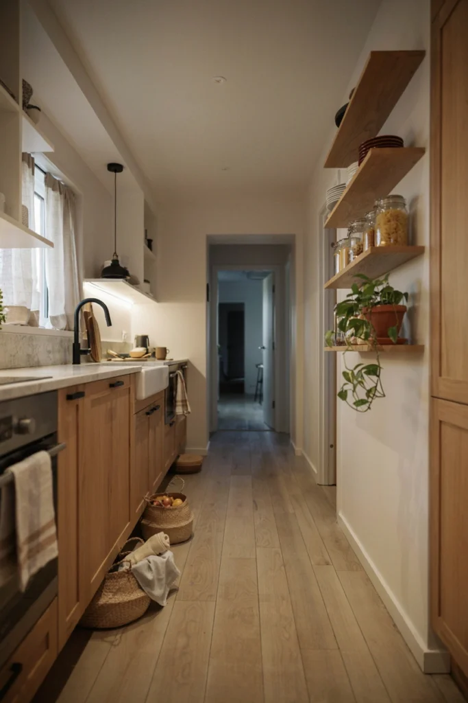 Warm Wood Narrow Kitchen Design